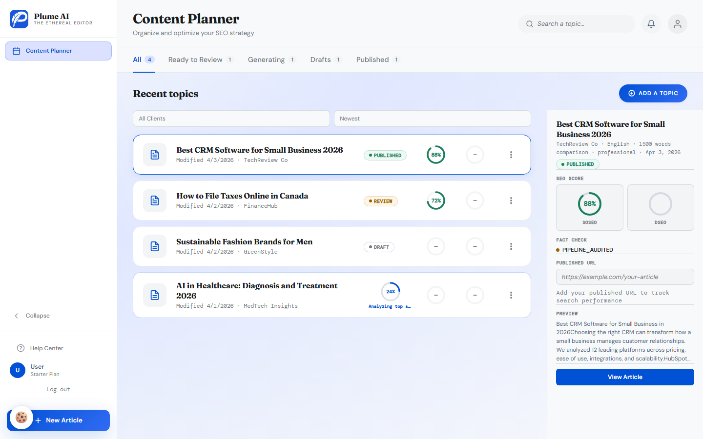 Plume content planner: article cards with SEO scores, status pills, and a side panel with article details