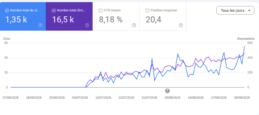 Console de recherche Google : progression des clics et des impressions (données de démonstration)